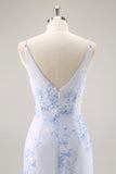 Azul Decote em V Bainha Flores Vestido Para Casamento Convidada com fenda