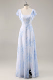 Azul Flores Pescoço Quadrado Chiffon Longo Vestido Para Casamento Convidada