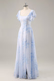 Azul Flores Pescoço Quadrado Chiffon Longo Vestido Para Casamento Convidada