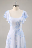 Azul Flores Pescoço Quadrado Chiffon Longo Vestido Para Casamento Convidada