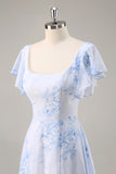 Azul Flores Pescoço Quadrado Chiffon Longo Vestido Para Casamento Convidada