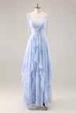 Azul Decote em V Chiffon Flores Longos Vestido Para Casamento Convidada