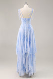 Azul Decote em V Chiffon Flores Longos Vestido Para Casamento Convidada