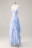 Azul Decote em V Chiffon Flores Longos Vestido Para Casamento Convidada