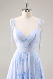 Azul Decote em V Chiffon Flores Longos Vestido Para Casamento Convidada