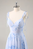 Azul Decote em V Chiffon Flores Longos Vestido Para Casamento Convidada