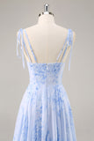 Azul Decote em V Chiffon Flores Longos Vestido Para Casamento Convidada