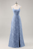 Azul Cinzento Linha-A Longos Vestido Para Casamento Convidada com Fenda