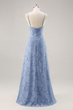 Azul Cinzento Linha-A Longos Vestido Para Casamento Convidada com Fenda