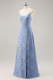 Azul Cinzento Linha-A Longos Vestido Para Casamento Convidada com Fenda