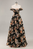Preto Flores Sem Ombros Linha-A Longos Vestido Para Casamento Convidada