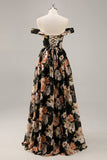 Preto Flores Sem Ombros Linha-A Longos Vestido Para Casamento Convidada