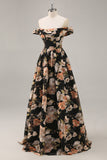 Preto Flores Sem Ombros Linha-A Longos Vestido Para Casamento Convidada