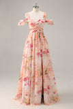 Vestido de dama de honra longo rosa floral Ruched com fenda