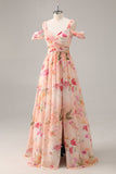 Vestido de dama de honra longo rosa floral Ruched com fenda