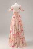 Vestido de dama de honra longo rosa floral Ruched com fenda