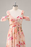 Vestido de dama de honra longo rosa floral Ruched com fenda