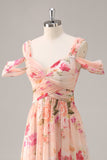 Vestido de dama de honra longo rosa floral Ruched com fenda