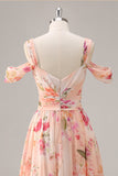 Vestido de dama de honra longo rosa floral Ruched com fenda