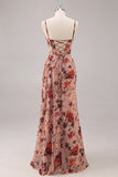 Dusty Rose Ruched Floral Corset Long Vestido de Dama de Honra com Fenda
