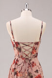 Dusty Rose Ruched Floral Corset Long Vestido de Dama de Honra com Fenda