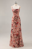 Dusty Rose Ruched Floral Corset Long Vestido de Dama de Honra com Fenda