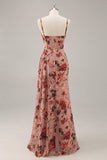 Dusty Rose Ruched Floral Corset Long Vestido de Dama de Honra com Fenda
