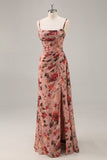 Dusty Rose Ruched Floral Corset Long Vestido de Dama de Honra com Fenda
