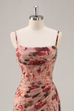 Dusty Rose Ruched Floral Corset Long Vestido de Dama de Honra com Fenda