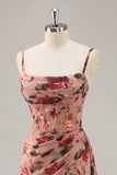 Dusty Rose Ruched Floral Corset Long Vestido de Dama de Honra com Fenda