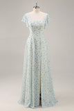 Vestido de dama de honra longo babado azul Chiffon com fenda