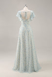 Vestido de dama de honra longo babado azul Chiffon com fenda
