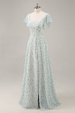 Vestido de dama de honra longo babado azul Chiffon com fenda