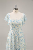 Vestido de dama de honra longo babado azul Chiffon com fenda