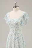 Vestido de dama de honra longo babado azul Chiffon com fenda