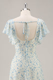 Vestido de dama de honra longo babado azul Chiffon com fenda