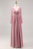 Rosa empoeirada simples mangas longas V-neck vestido de dama de honra com fenda