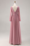 Rosa empoeirada simples mangas longas V-neck vestido de dama de honra com fenda