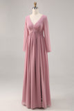Rosa empoeirada simples mangas longas V-neck vestido de dama de honra com fenda