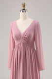 Rosa empoeirada simples mangas longas V-neck vestido de dama de honra com fenda