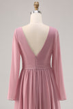 Rosa empoeirada simples mangas longas V-neck vestido de dama de honra com fenda