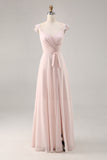 Candy Pink Cap mangas Ruched longo vestido de dama de honra com Sash