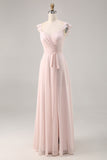 Candy Pink Cap mangas Ruched longo vestido de dama de honra com Sash