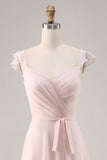 Candy Pink Cap mangas Ruched longo vestido de dama de honra com Sash