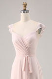 Candy Pink Cap mangas Ruched longo vestido de dama de honra com Sash