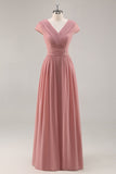 Dusty Rose V-Neck Ruched Chiffon vestido longo da dama de honra com Drape