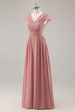 Dusty Rose V-Neck Ruched Chiffon vestido longo da dama de honra com Drape