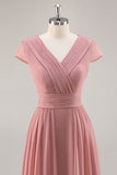Dusty Rose V-Neck Ruched Chiffon vestido longo da dama de honra com Drape