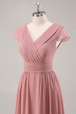 Dusty Rose V-Neck Ruched Chiffon vestido longo da dama de honra com Drape