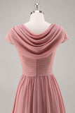 Dusty Rose V-Neck Ruched Chiffon vestido longo da dama de honra com Drape